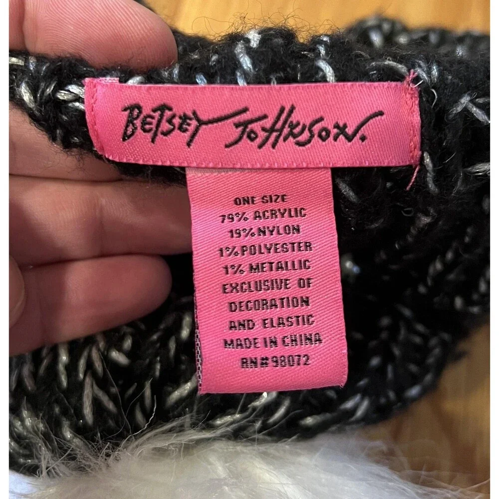 Betsey Johnson Hat Beanie Womens One Size Black Faux Fur Pom Pearl Metallic